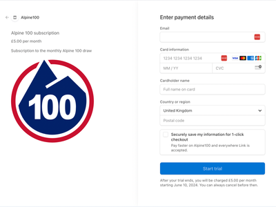 Alpine 100 subscription system - Stripe payment screen
